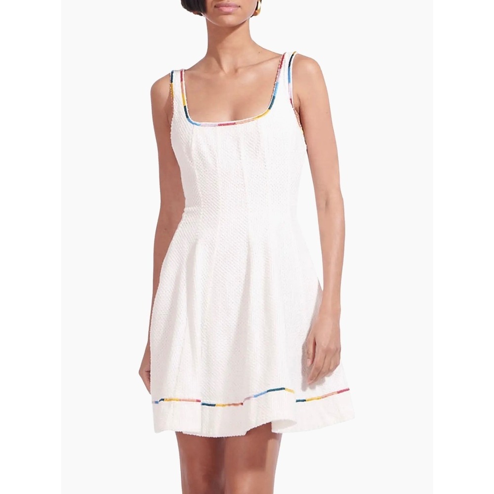STAUD Mini Wells Dress Size 8 White Textured Cotton Rainbow Trim Skater Tennis